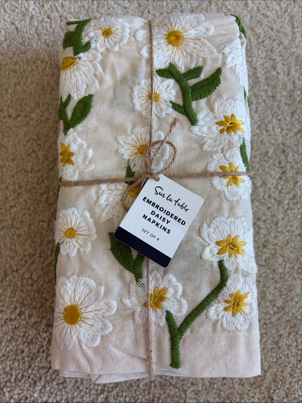 Sur La Table Cream Napkins with White Daisies and Yellow Centers